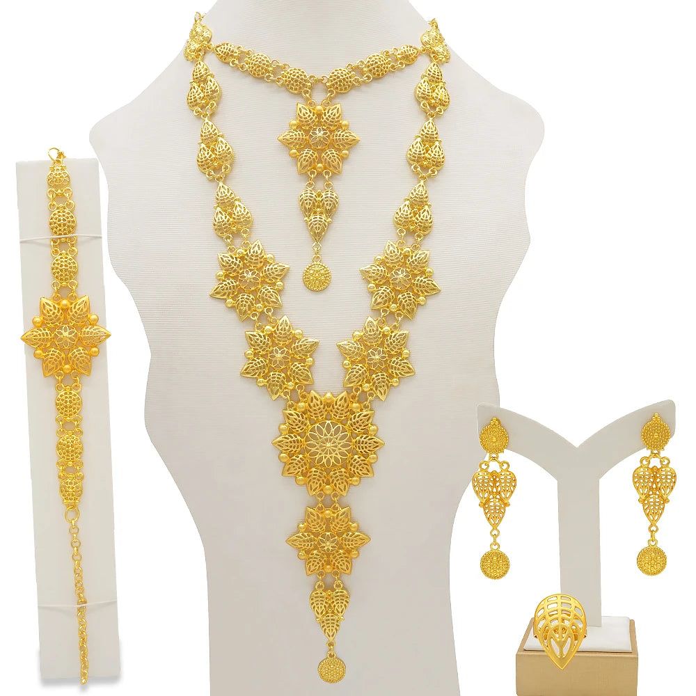 Dubai Gold Color Jewelry Set For Woman Bridal Nigerian African Long Chain Necklace Earrings Bracelet Ring Jewellery Set