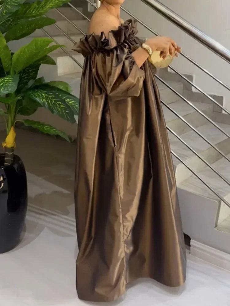 Women Fashion Falbala Elegant Evening Maxi Dresses  New Spring Puff Sleeves Pleated Off-The-Shoulder Party Prom Dress