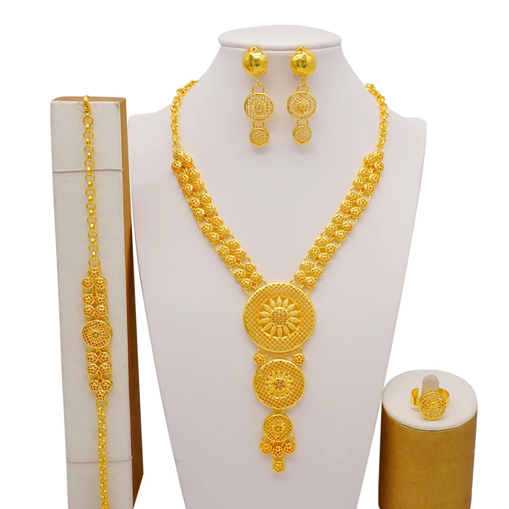 Dubai Gold Color Jewelry Set For Woman Bridal Nigerian African Long Chain Necklace Earrings Bracelet Ring Jewellery Set