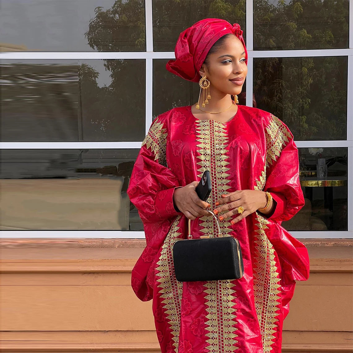 African Red Boubou Bazin Riche Wedding Bride Dress 2024 Latest Nigerian Mali Mix Size Dashiki With Gold Dust Embroidery Gown