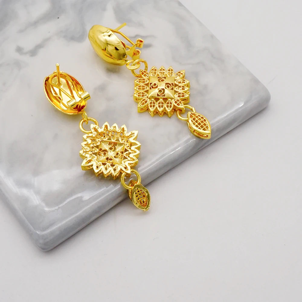 Dubai Gold Color Jewelry Set For Woman Bridal Nigerian African Long Chain Necklace Earrings Bracelet Ring Jewellery Set