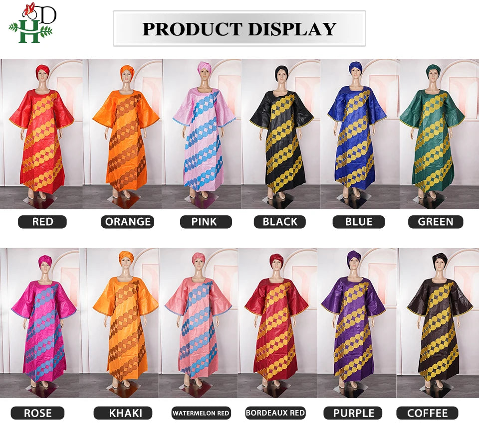 H&D New African Dresses For Women Embroidery Bazin Floral Dresses Ankara Rich Long Robes Nigeria Party Wedding Ramadan