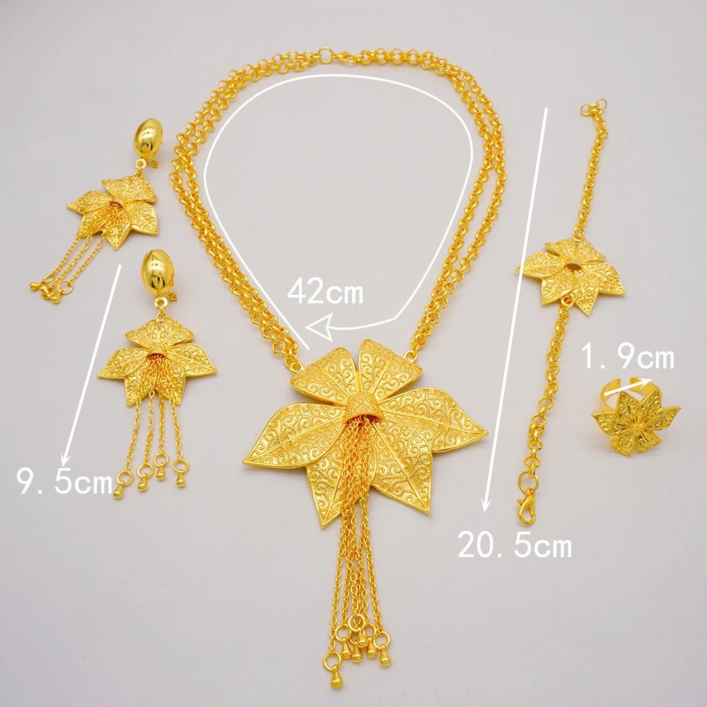 Dubai Gold Color Jewelry Set For Woman Bridal Nigerian African Long Chain Necklace Earrings Bracelet Ring Jewellery Set