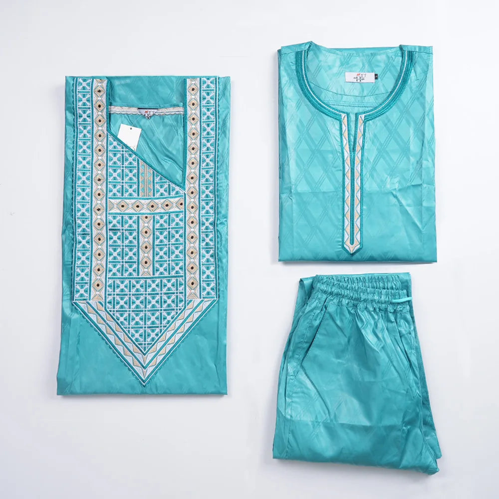 H&D South African Traditional Wear Formal Attire Bazin Riche Dashiki Green Shirt Pants Robe Suit Agbada Men's wedding party 2024