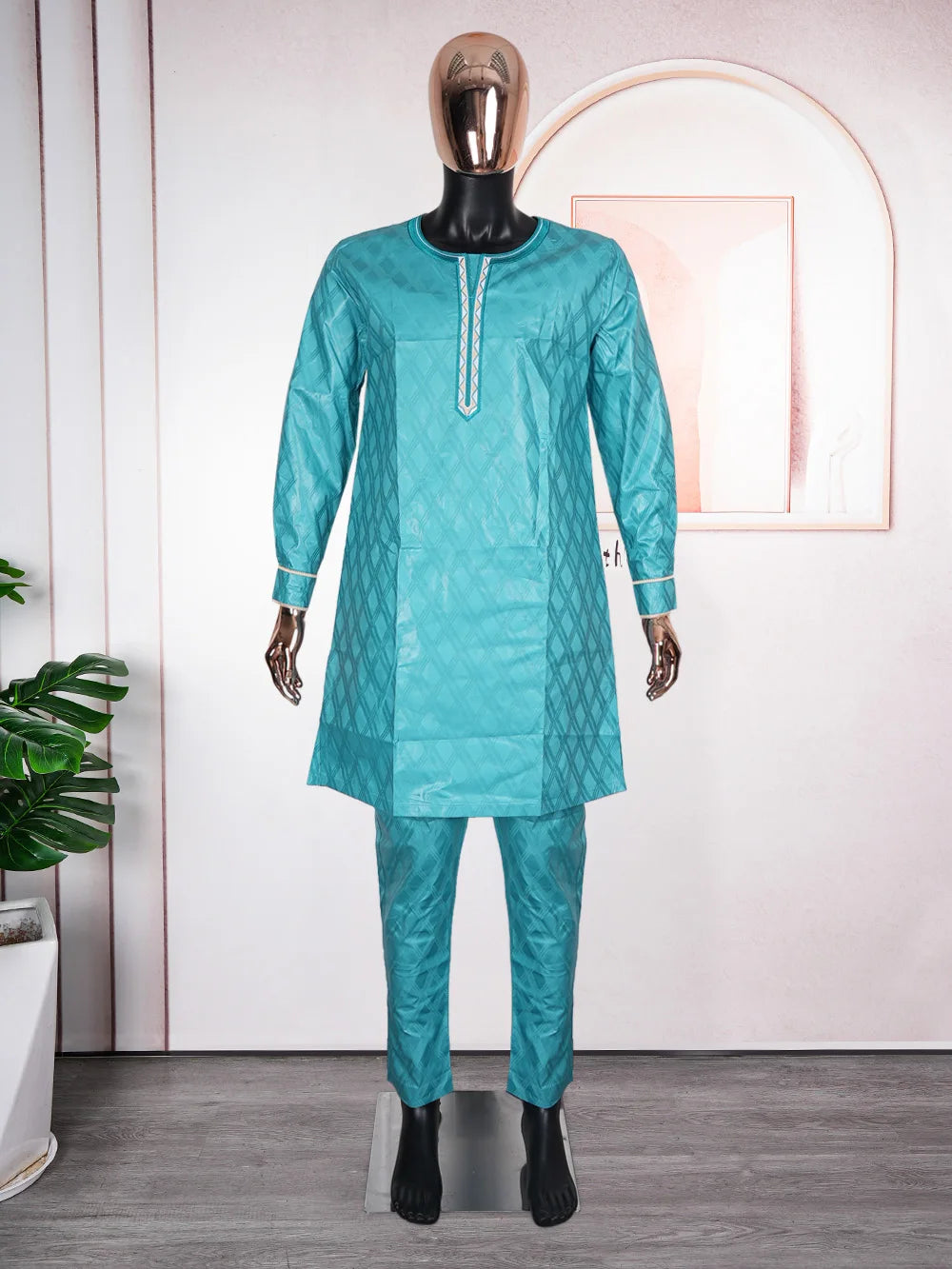 H&D South African Traditional Wear Formal Attire Bazin Riche Dashiki Green Shirt Pants Robe Suit Agbada Men's wedding party 2024