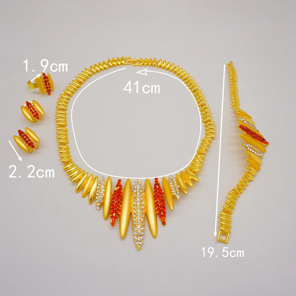 Trendy Nigerian Dubai Gold Color Jewelry Set For Women Tassel Long Chain Bridal Long Necklace Bracelet Earring Ring Wedding Sets