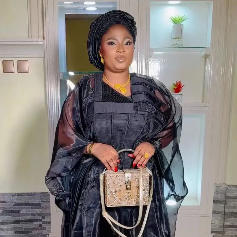 African Attire For Women Black Abaya Embroidery Plus Size Elegant Party Church Dress With Scarf