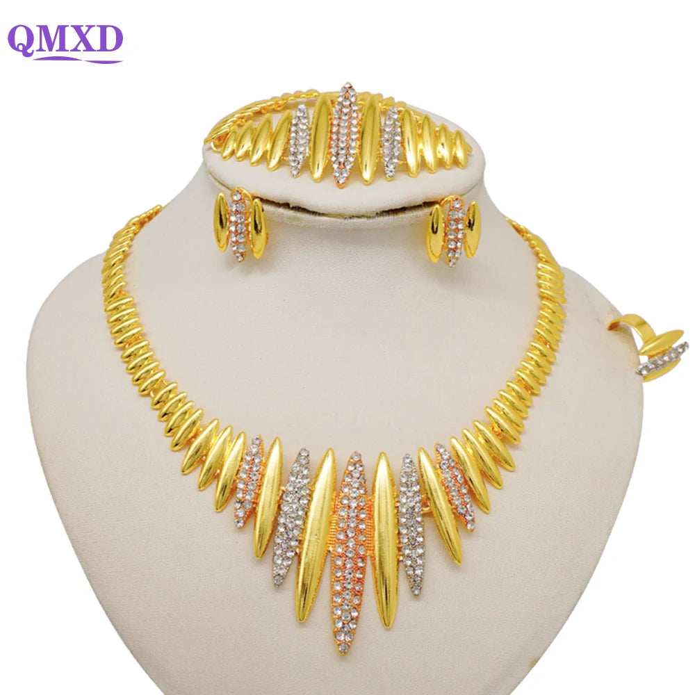 Trendy Nigerian Dubai Gold Color Jewelry Set For Women Tassel Long Chain Bridal Long Necklace Bracelet Earring Ring Wedding Sets