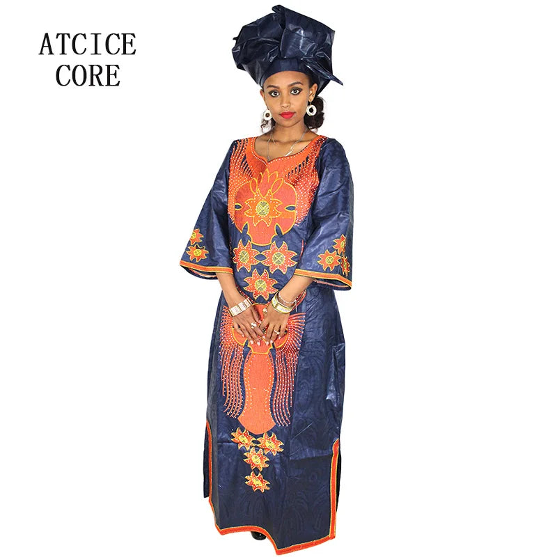 African Dresses For Woman Bazin Riche Embroidery Desing Long Dress With Scarf 2 Piece Set