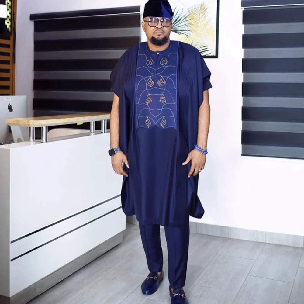 H&D African Clothes for Men High Quality Suit Fabric Embroidery Tradition Clothing Shirt Pants 3 Pcs Set Wedding Party Ramadan