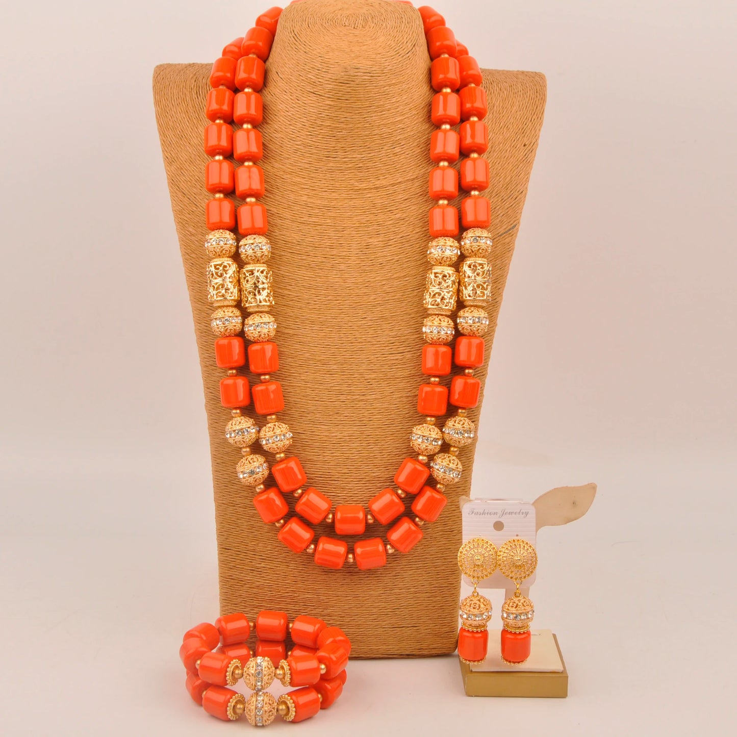 African Wedding Couple Set Orange Artificial Coral Beads Jewelry Set