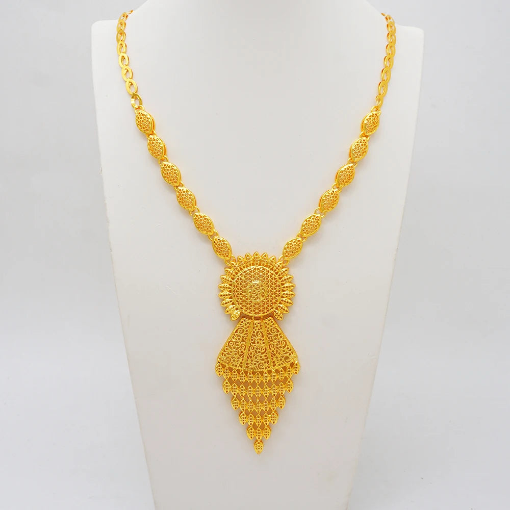 African Ladies Dubai 24k Gold Plated Long Necklace Set Bridal Banquet Wedding Jewelry Set Accessories