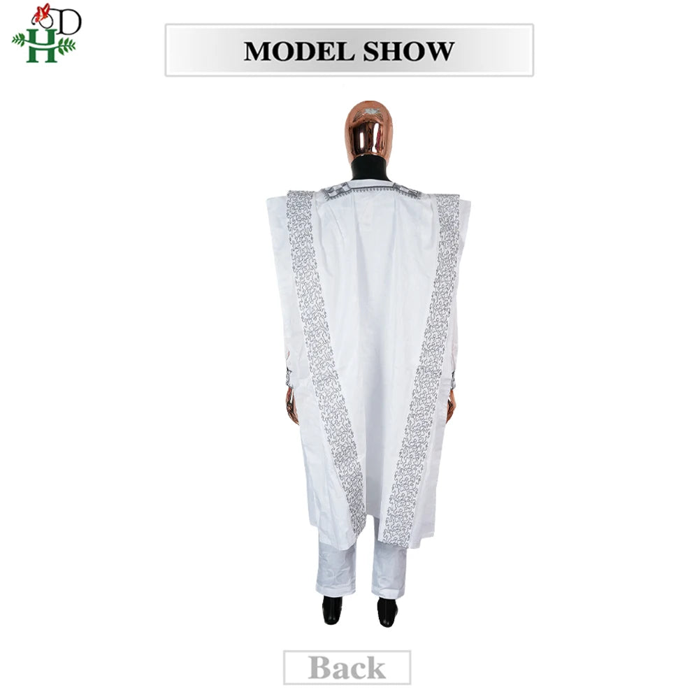 H&D New In African Summer Men's Long Sleeve Suit White Embroidery Dashiki Shirt Pants Sets 3 Pieces Outfits Wedding Party 2025