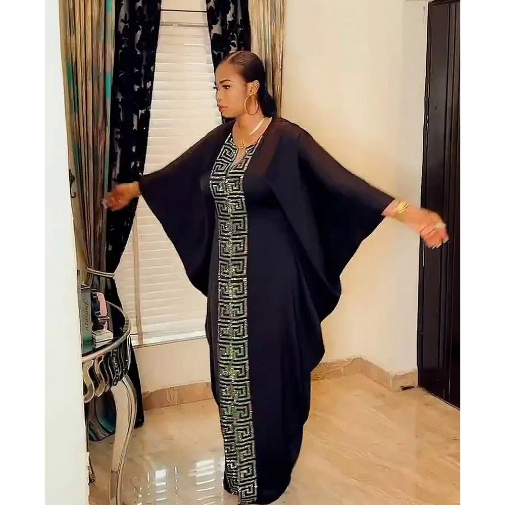2025 High Quality African Women Plus Size Dress Bat Sleeve V Neck Robes Diamond Dashiki Maxi Dresses Muslim Femme Elegant Abayas