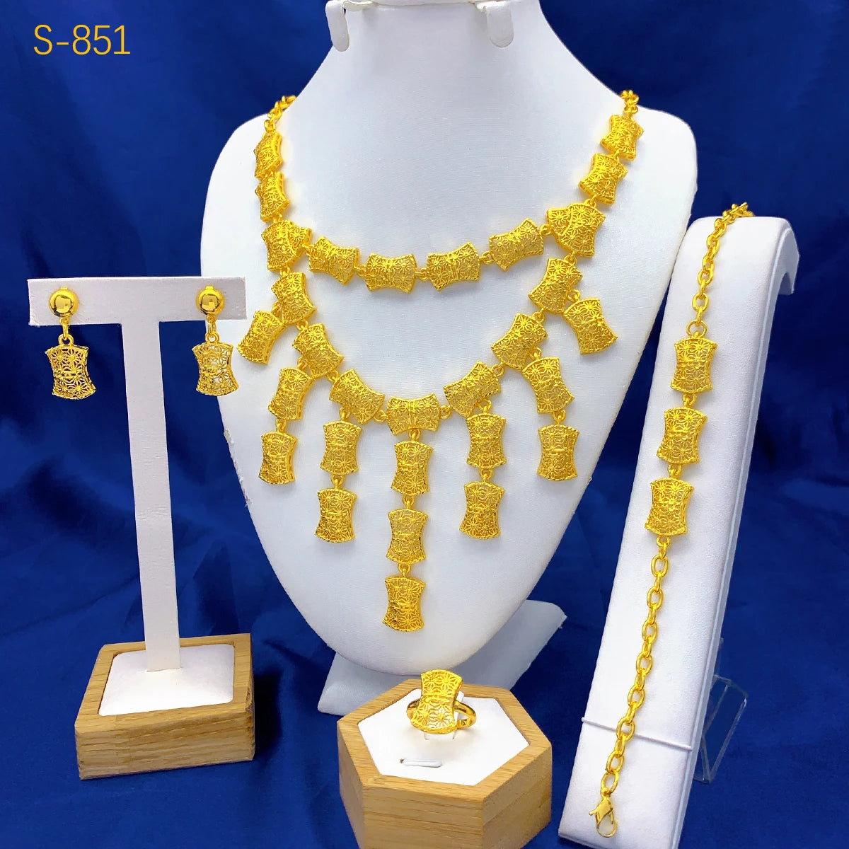 Luxury Dubai 24K Gold Color Two layer Necklace Jewelry Set For Women Bridal Nigerian Indian African Wedding Party Gift