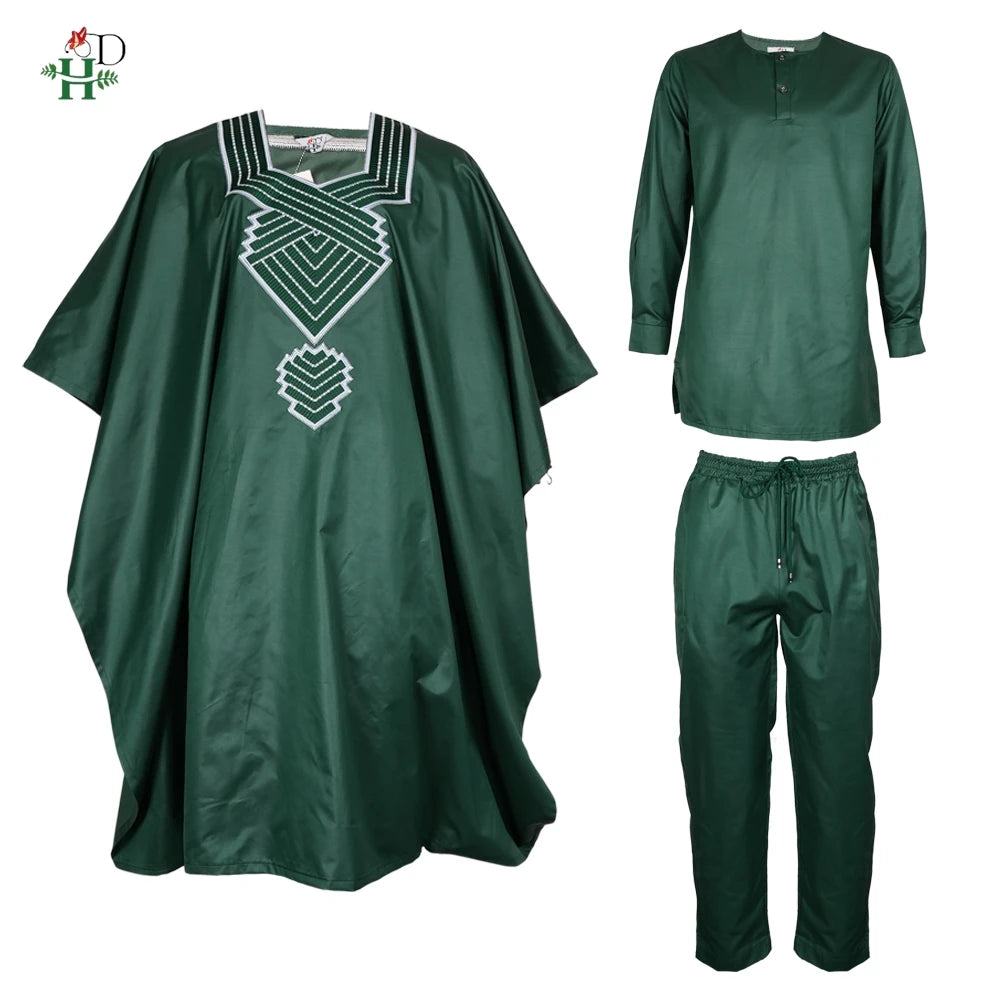 H&D African Clothes Plus Size For Men Elegant Party Wedding Thobe 3 PC Top and Pants Suits Set Daily Wear Embroidery Green Gown