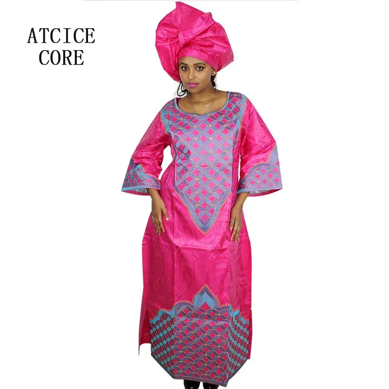 African Dress For Woman Bazin Riche Embroidery Design Long Dress With Scarf