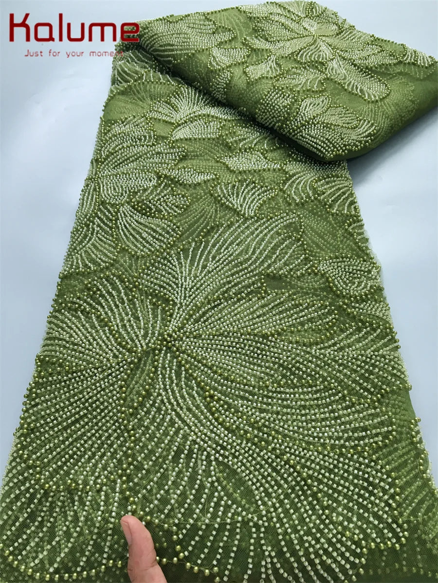 Kalume Green French Mesh Lace Fabric Beads African Lace Fabrics Nigerian Mesh Lace Fabric For Diy Dresses Party Wedding F4034