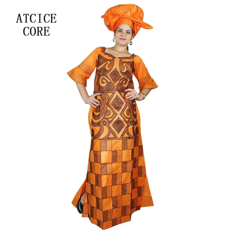 African Dresses For Woman Bazin Riche Computer Emboridery Plus Size Long Dress With Scarf