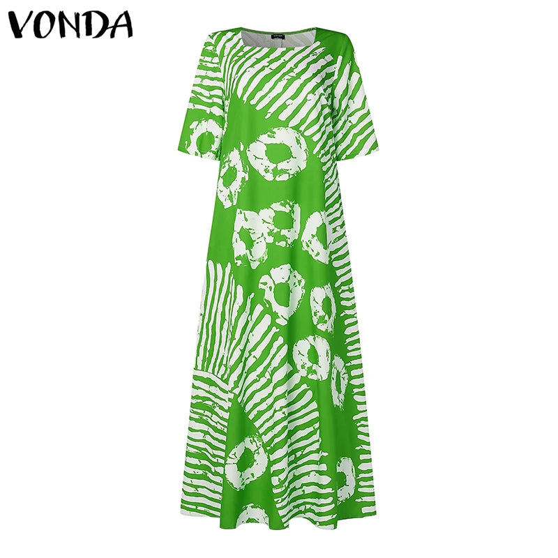 Plus Size Women Bohemian Maxi Dress 2025 Summer Printed Long Sundress VONDA Beach Party Vestidos Half Sleeve Casual Loose Robe