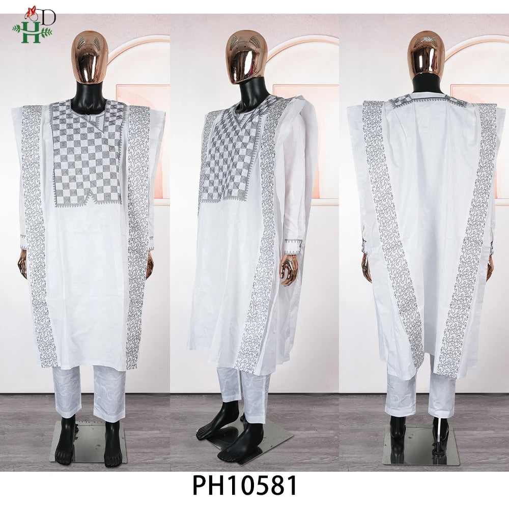 H&D New In African Summer Men's Long Sleeve Suit White Embroidery Dashiki Shirt Pants Sets 3 Pieces Outfits Wedding Party 2025