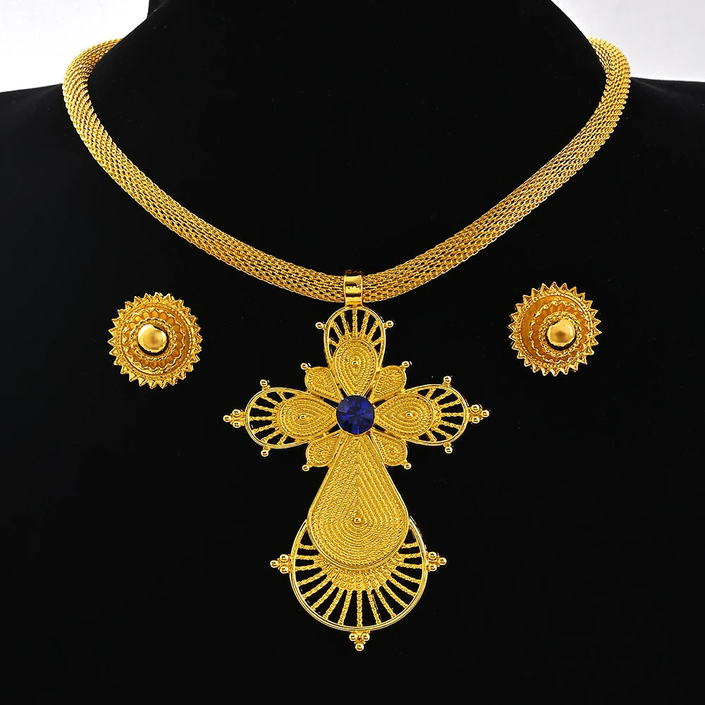 Saudi Arabia 24K Gold Color Ethiopia Women Jewelry Necklace Earring African Arab Bridal Set Habesha Eritrea Party Gift
