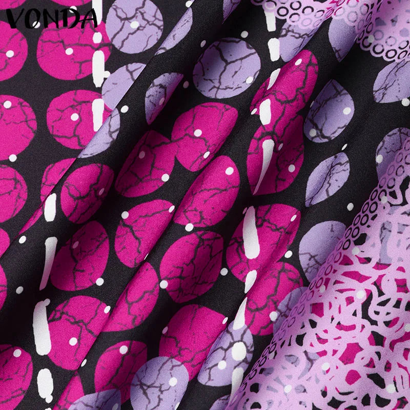 Plus Size VONDA Women Party Dress 2024 Bohemian Printing Sundress Casual Loose 3/4 Sleeve Robe Vintage Bat-wing Sleeve Vestidos