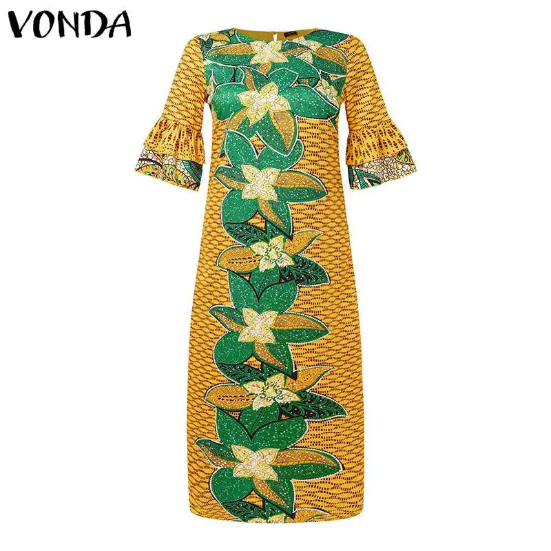 VONDA 2024 Fashion Women Elegant Maxi Dress Vintage Printed 3/4 Flare Sleeve Sundress Party Long Dress Casual Vestido Loose Robe
