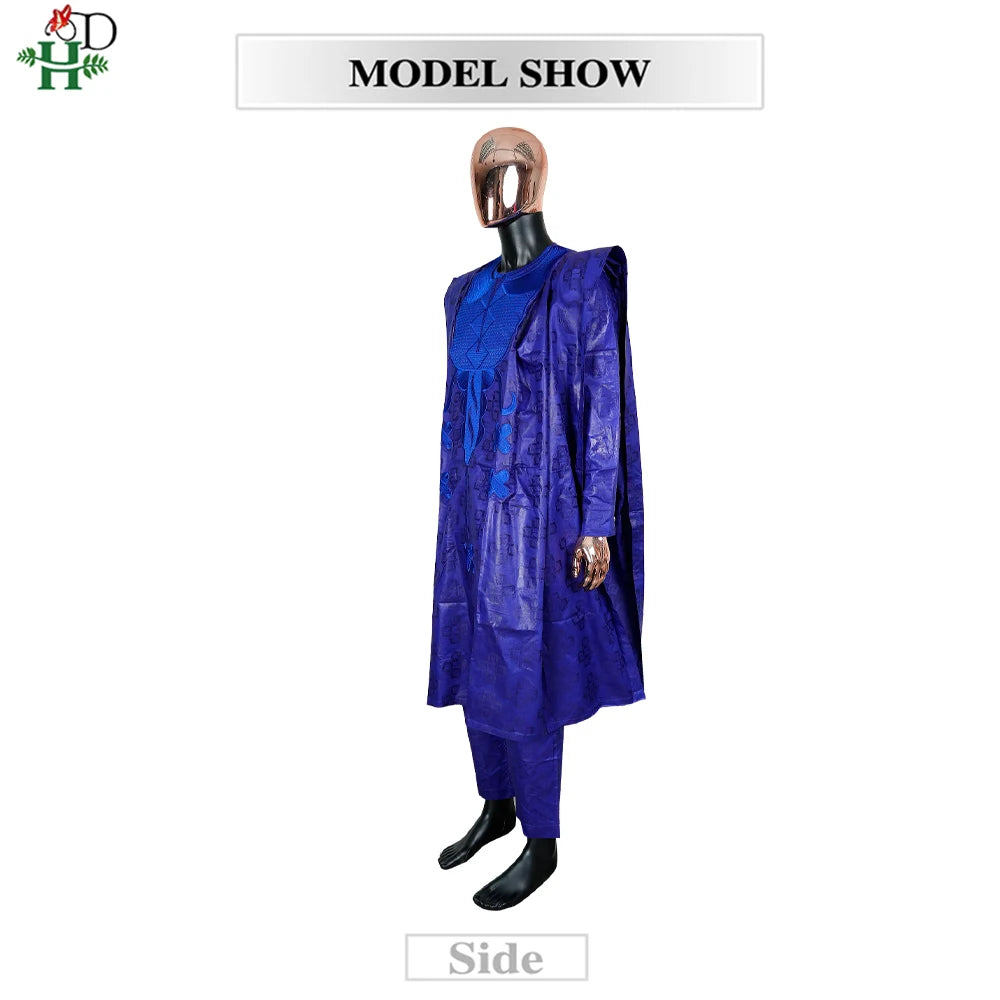 H&D African Clothing Traditional 3PCS African Outfit For Man Blue Bazin Riche Agbada Embroidered Wedding Party Robe Plus Size