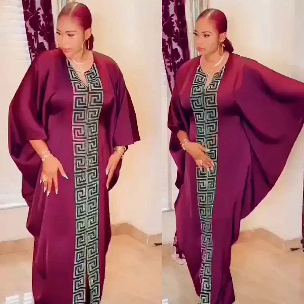2025 High Quality African Women Plus Size Dress Bat Sleeve V Neck Robes Diamond Dashiki Maxi Dresses Muslim Femme Elegant Abayas