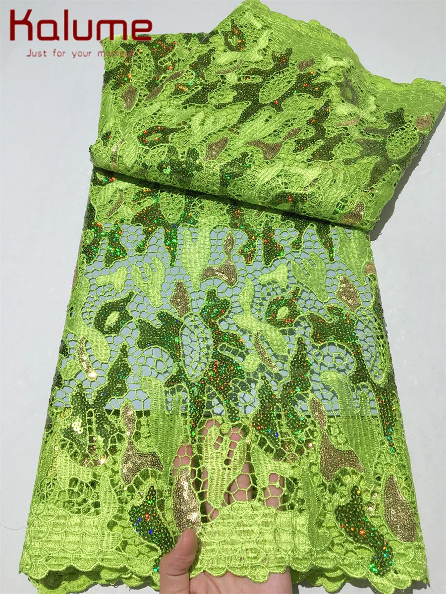 Kalume African Sequins Lace Fabric 2025 High Quality Material Nigerian Guipure Cord Lace Fabric for Party Dress Sewing F4058