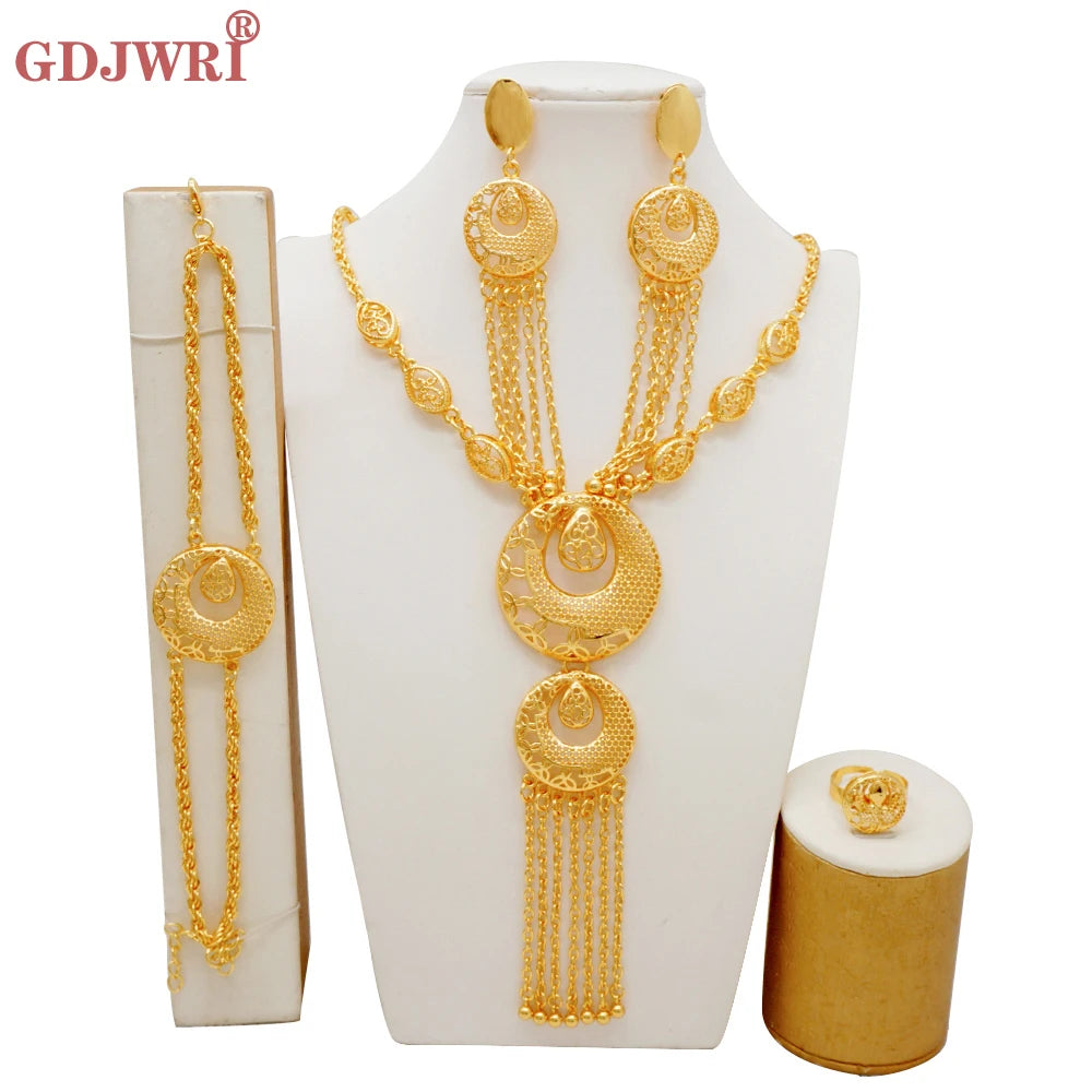 Dubai Gold Color Jewelry Set For Woman Bridal Nigerian African Long Chain Necklace Earrings Bracelet Ring Jewellery Set