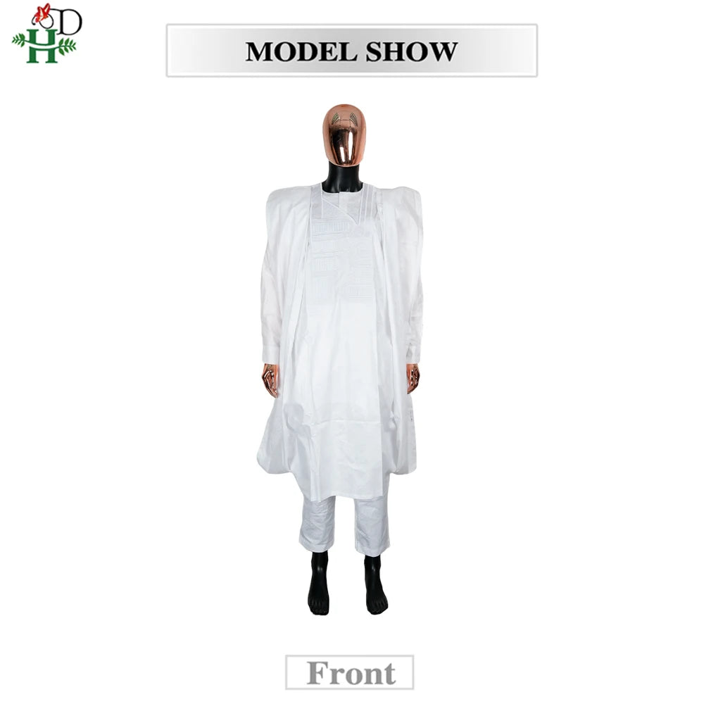 African Clothes Embroidery Bazin Riche Bubu Gown For Men Church Party Wedding Thobe 3 PC Top and Pants White Suit Set Daily Wear