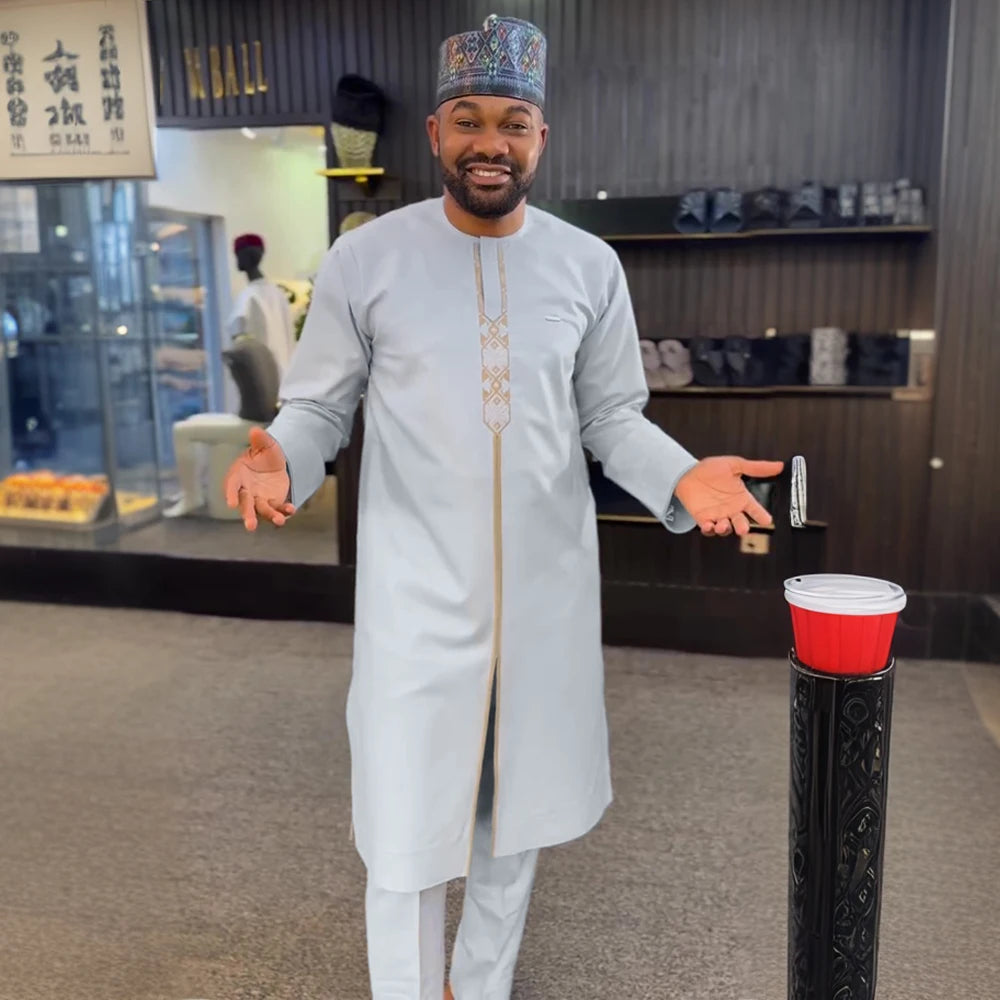 H&D African Agbada Robe Men 2 Pieces Set Embroidery Dashiki Shirt Africa Clothes Long Sleeve Cover Tops Pants Suit Robes Outfit