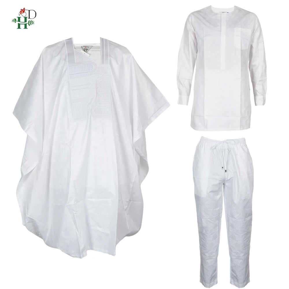 African Clothes Embroidery Bazin Riche Bubu Gown For Men Church Party Wedding Thobe 3 PC Top and Pants White Suit Set Daily Wear