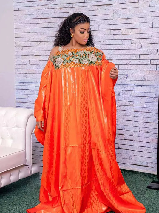 Orange Bazin Riche Long Dresses For African Free Size Party Clothing Bazin Riche Dashiki Robe Boubou Bazin Riche Clothing