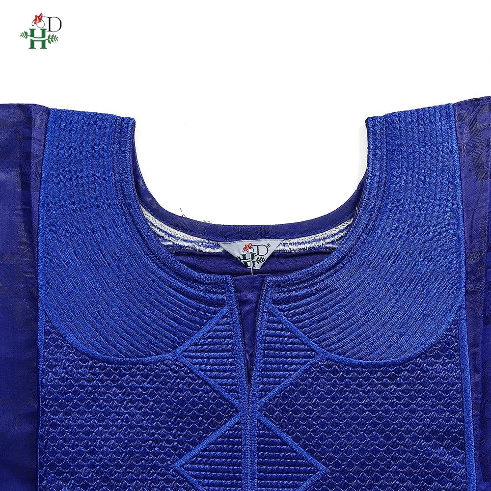 H&D African Clothing Traditional 3PCS African Outfit For Man Blue Bazin Riche Agbada Embroidered Wedding Party Robe Plus Size