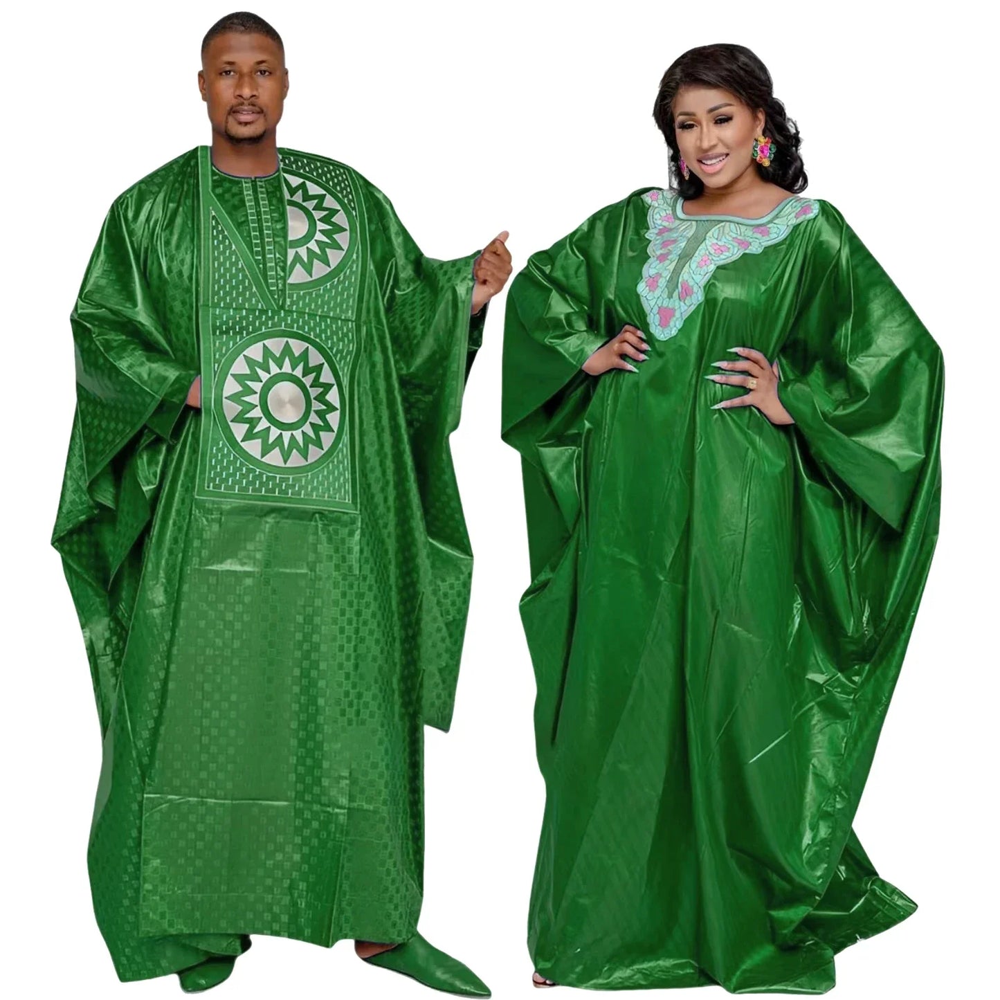 African Dresses For Couples Traditional  Bazin Embroidery Dresses Floor Length Dress With Scarf Couple Design