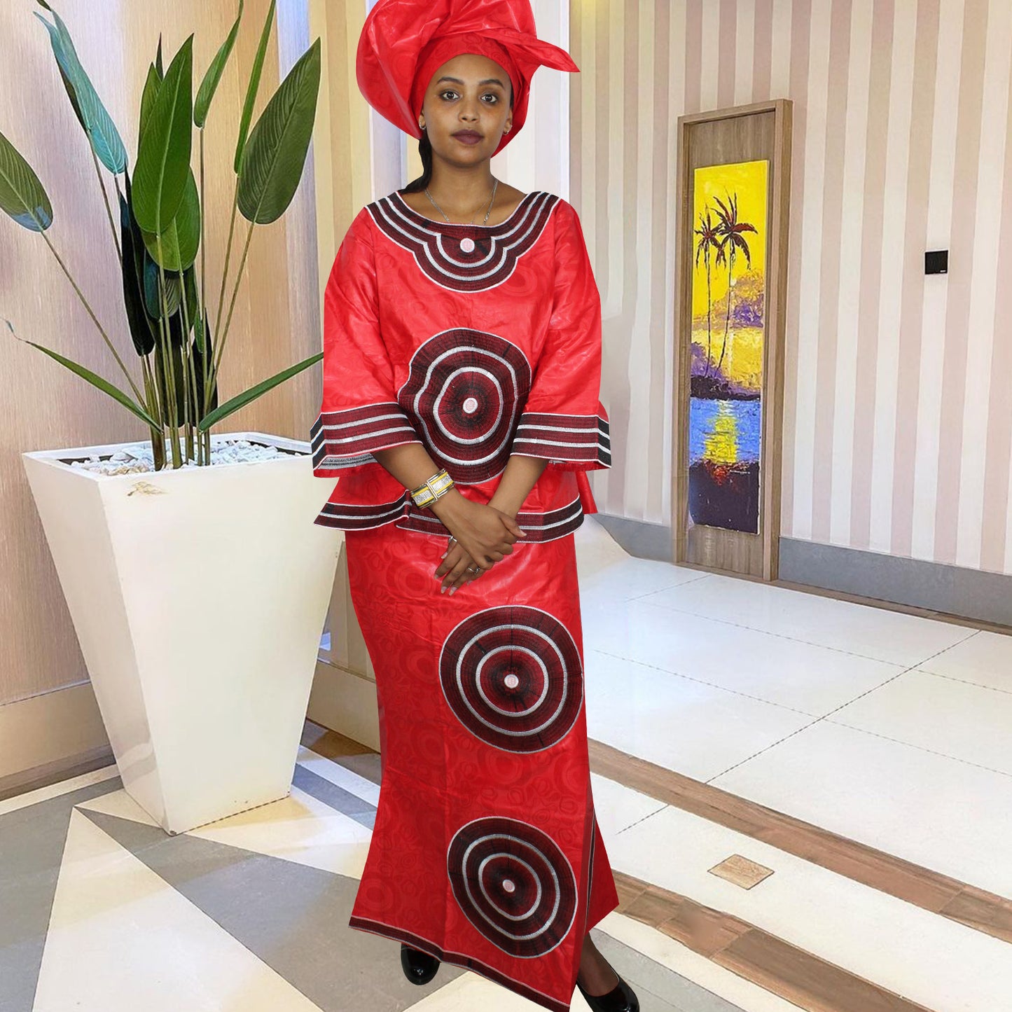 African Dresses For Women 3/4 Sleeve Top With Wrapper And Scarf 3pieces One Set 2 Size Smaller Than Us Size