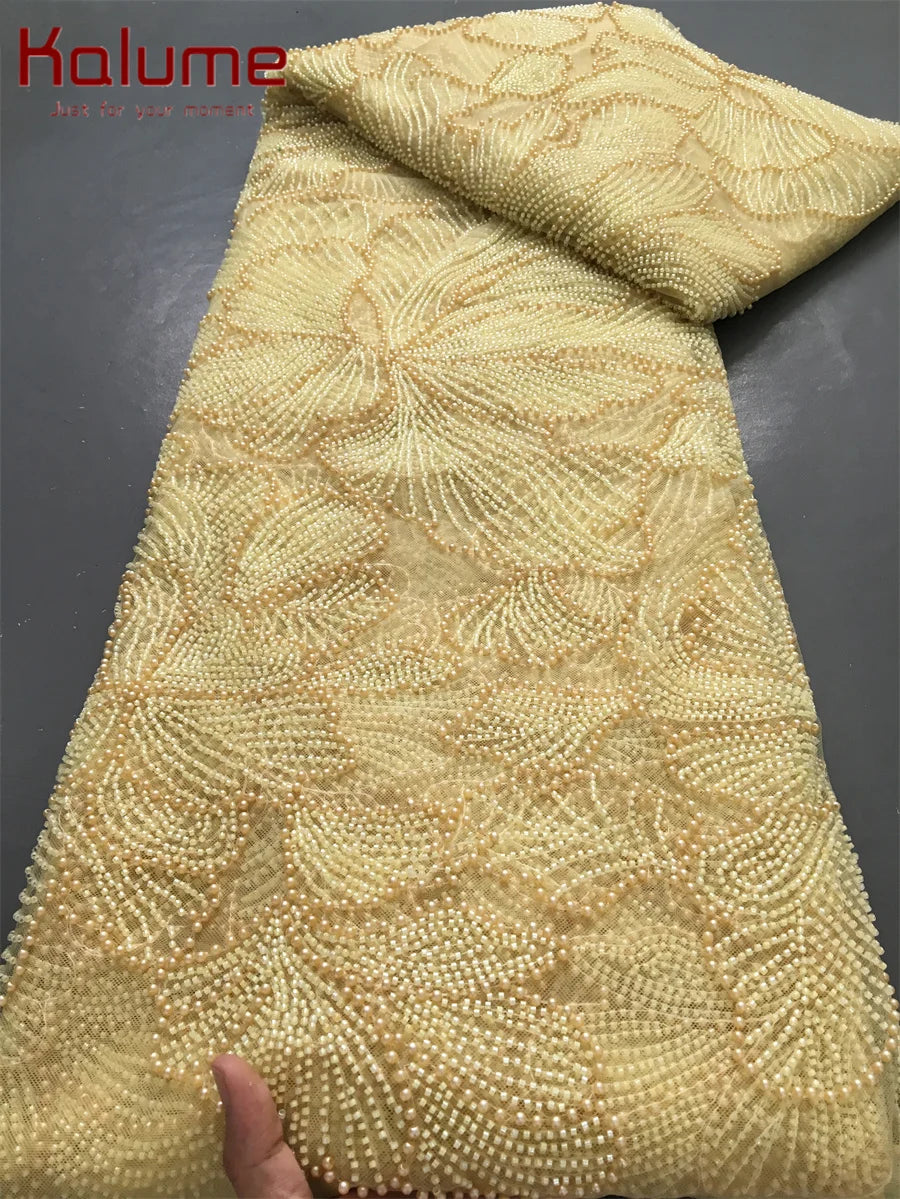 Kalume Green French Mesh Lace Fabric Beads African Lace Fabrics Nigerian Mesh Lace Fabric For Diy Dresses Party Wedding F4034