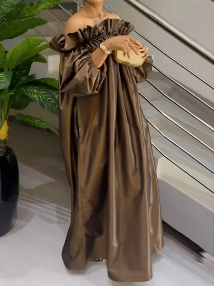 Women Fashion Falbala Elegant Evening Maxi Dresses  New Spring Puff Sleeves Pleated Off-The-Shoulder Party Prom Dress