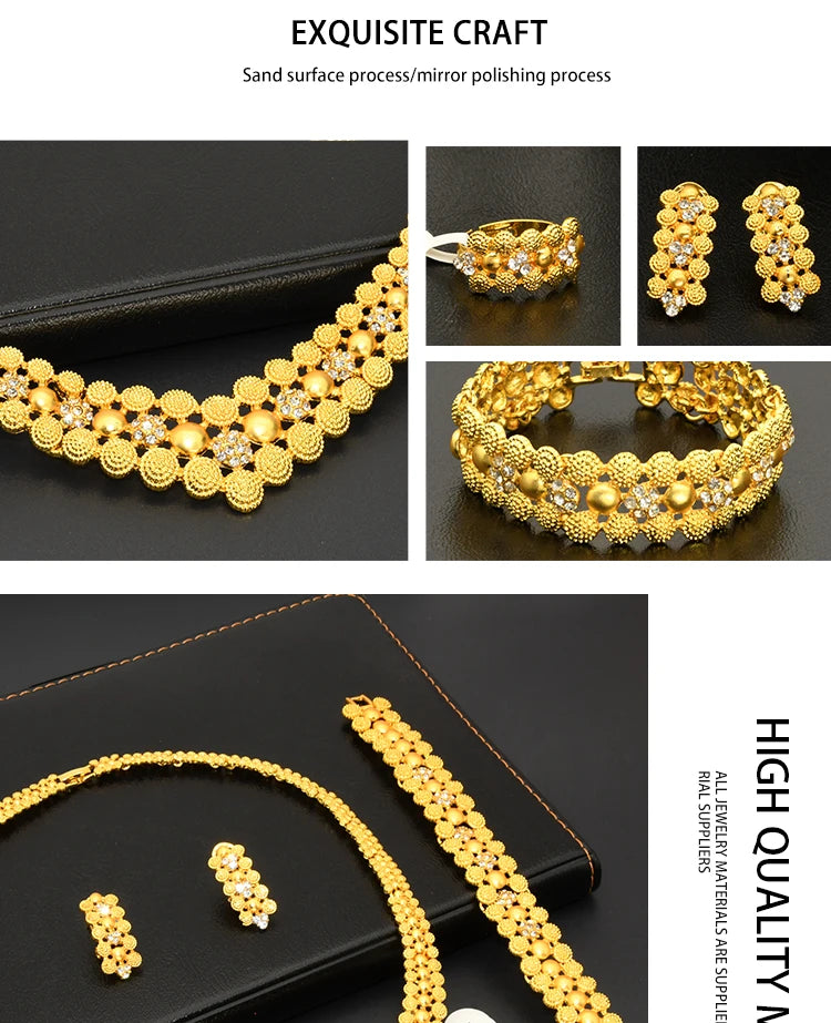 XUHUANG Dubai 2024 Gold Color Necklace Bracelet Jewelry Set For Women Ethiopian Arabic Charm Necklace Choker Set Wedding Gifts