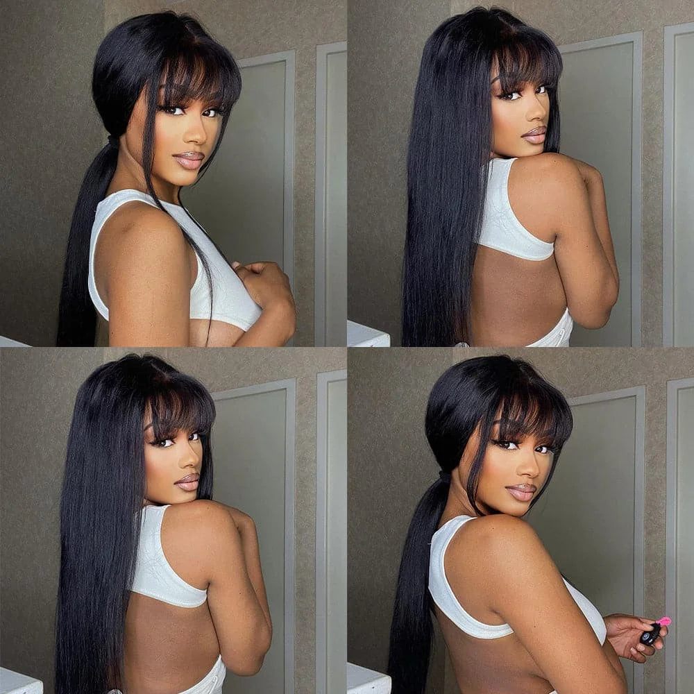 Silky Straight Human Hair Wigs With Bang Full Machine Made Wigs 8-30inch Natural Color AHJF Peruvian Remy Human Hair Wigs 180%