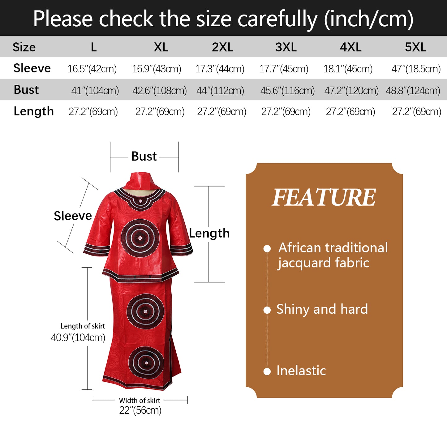 African Dresses For Women 3/4 Sleeve Top With Wrapper And Scarf 3pieces One Set 2 Size Smaller Than Us Size