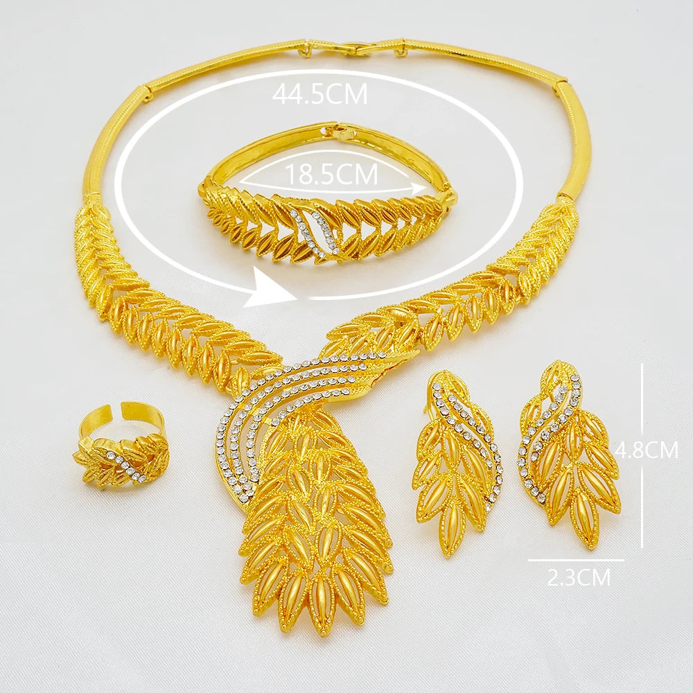 Trendy Nigerian Dubai Gold Color Jewelry Set For Women Tassel Long Chain Bridal Long Necklace Bracelet Earring Ring Wedding Sets