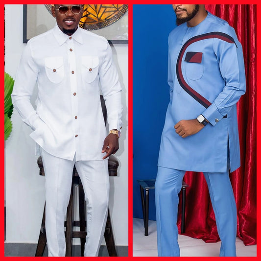 New Men's Tenos Wedding 2-Piece Suit Waist Pants Shirt Solid Color Panel Long Sleeve Party African Ethnic Style Clothing (M-4XL)