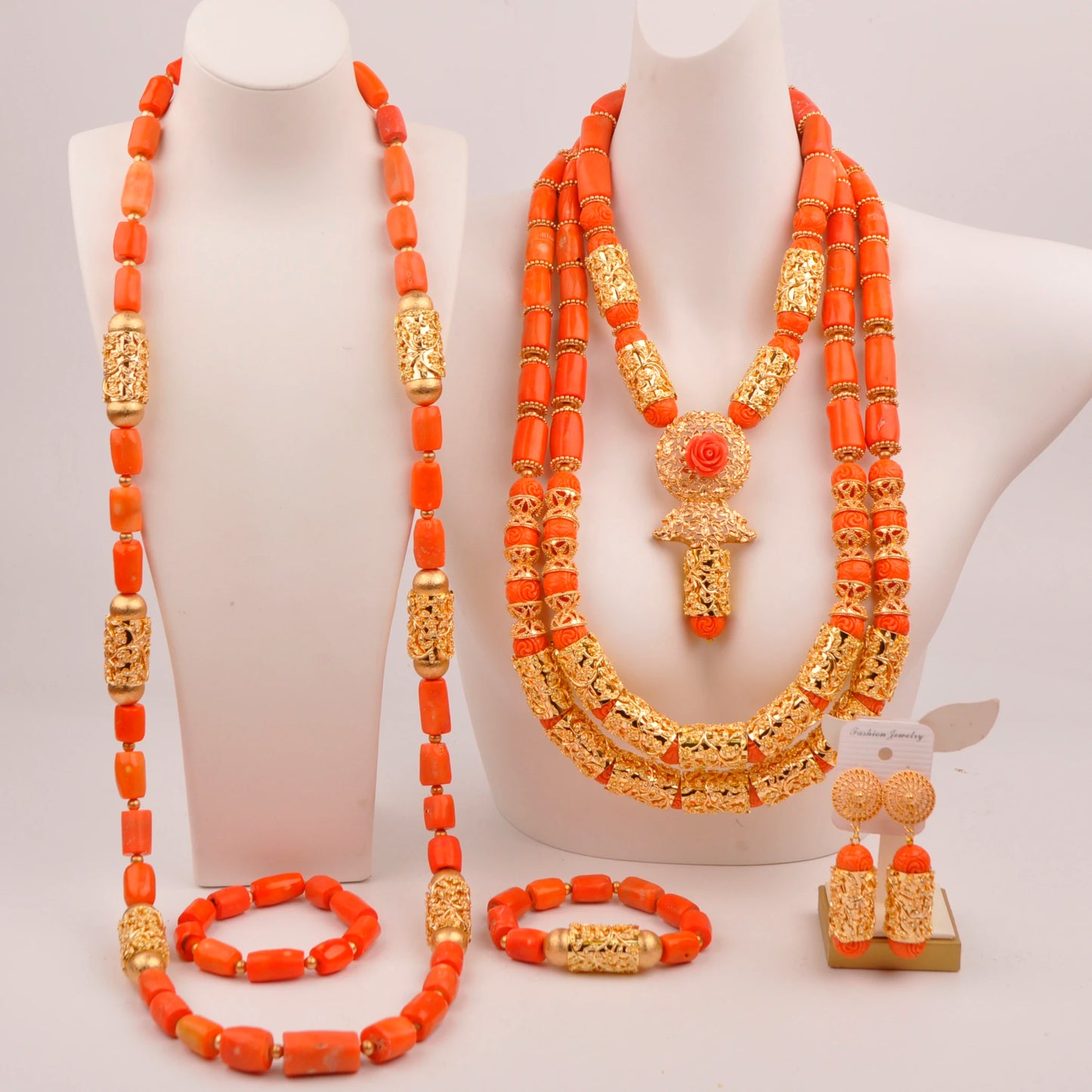 Orange Nigerian Artificial Coral Bead Necklace African Jewelry Sets