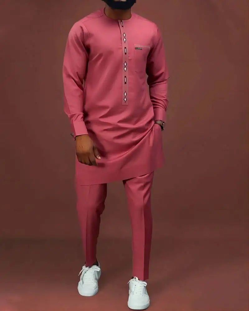 2025 New Men's Plaid Printing Casual Suit Long Sleeve Shirt Pants Two Pieces African Traditional Clothing Muslim Kaftan Outfits