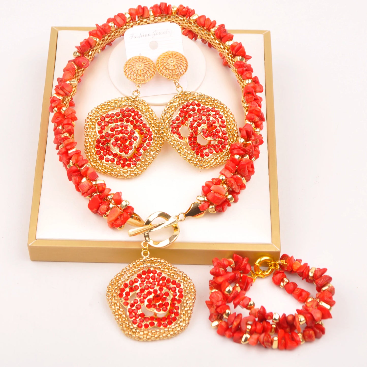 Orange Nigerian Artificial Coral Bead Necklace African Jewelry Sets
