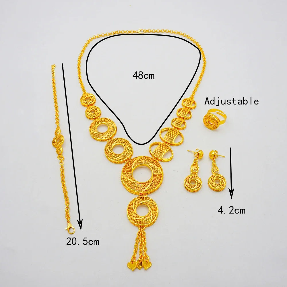 Arabic Women Gold Color Jewelry Sets Featured Round Pendant Earrings Rings Bracelets Suitable for Wedding Banquets Parties